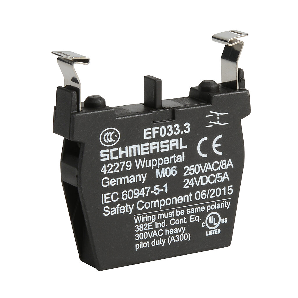 EF033.3 - Schmersal contact block, plastic, (2) N.O. contact(s), mounting position 3. For use with N series pushbuttons and switches.