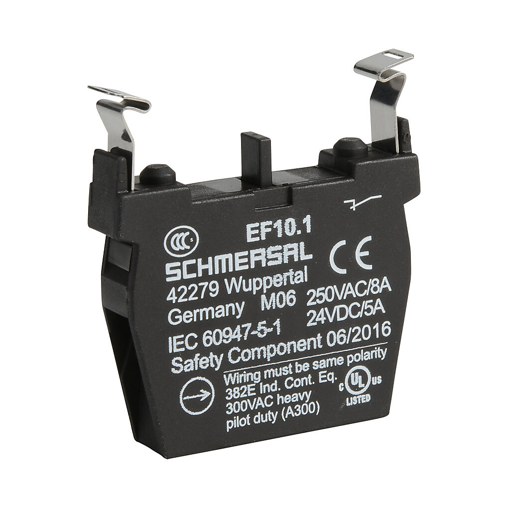 EF10.1 - Schmersal contact block, plastic, (1) N.C. contact(s), mounting position 1. For use with N series pushbuttons and switches. Not suitable for E-stop devices NDRZ50RT/NDRZ50RT-2905-1.