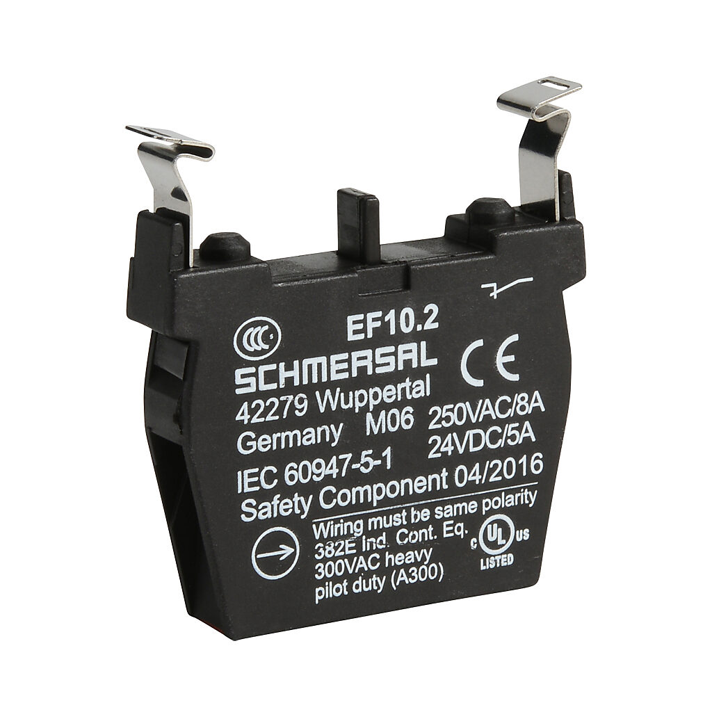 EF10.2 - Schmersal contact block, plastic, (1) N.C. contact(s), mounting position 2. For use with N series pushbuttons and switches. Not suitable for E-stop devices NDRZ50RT/NDRZ50RT-2905-1.