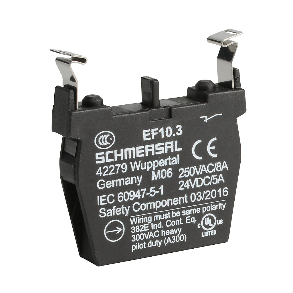 EF10.3 - Schmersal contact block, plastic, (1) N.C. contact(s), mounting position 3. For use with N series pushbuttons and switches. Not suitable for E-stop devices NDRZ50RT/NDRZ50RT-2905-1.