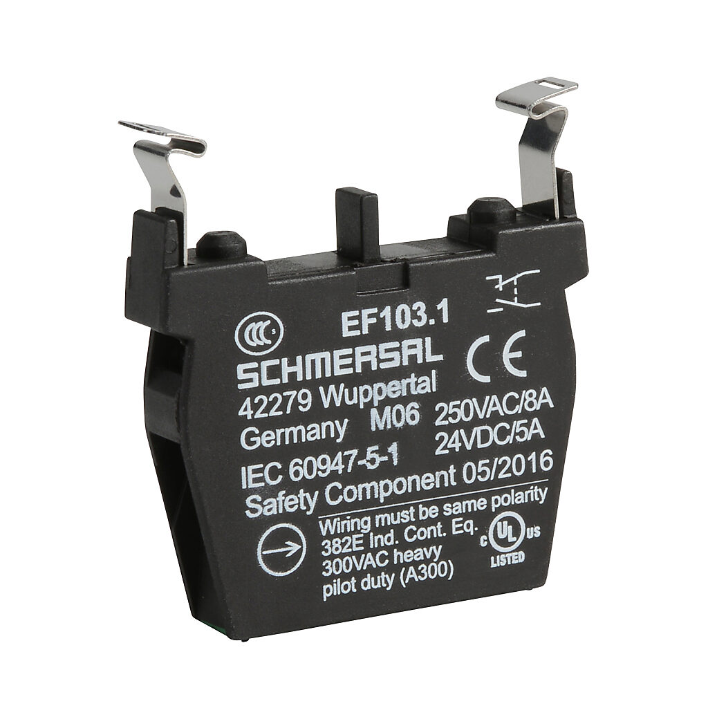 EF103.1 - Schmersal contact block, plastic, (1) N.O./(1) N.C. contact(s), mounting position 1. For use with N series pushbuttons and switches. Not suitable for E-stop devices NDRZ50RT/NDRZ50RT-2905-1.