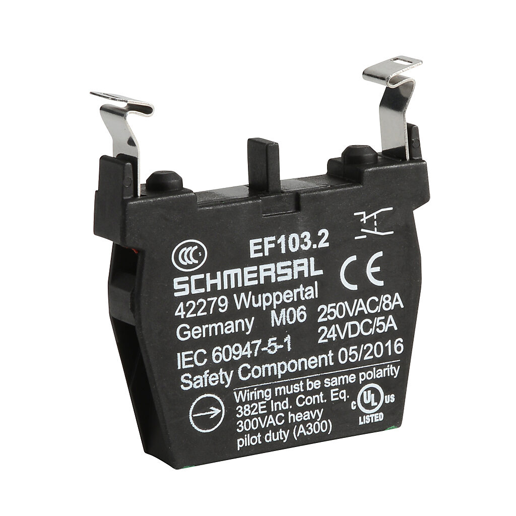 EF103.2 - Schmersal contact block, plastic, (1) N.O./(1) N.C. contact(s), mounting position 2. For use with N series pushbuttons and switches. Not suitable for E-stop devices NDRZ50RT/NDRZ50RT-2905-1.