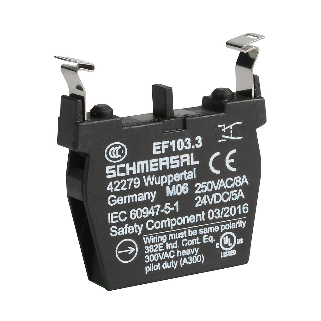 EF103.3 - Schmersal contact block, plastic, (1) N.O./(1) N.C. contact(s), mounting position 3. For use with N series pushbuttons and switches. Not suitable for E-stop devices NDRZ50RT/NDRZ50RT-2905-1.