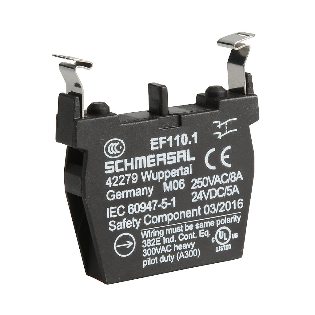 EF110.1 - Schmersal contact block, plastic, (2) N.C. contact(s), mounting position 1. For use with N series pushbuttons and switches. Not suitable for E-stop devices NDRZ50RT/NDRZ50RT-2905-1.
