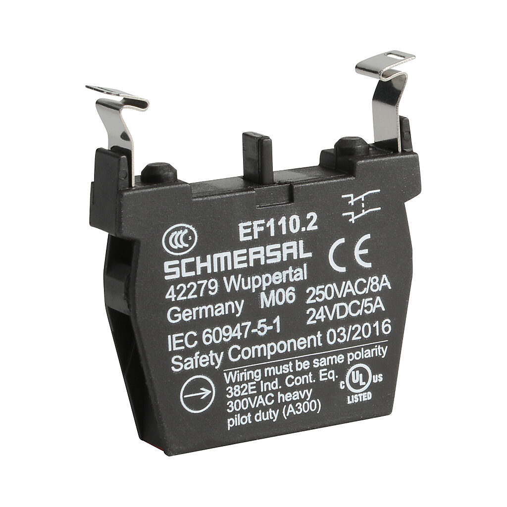 EF110.2 - Schmersal contact block, plastic, (2) N.C. contact(s), mounting position 2. For use with N series pushbuttons and switches. Not suitable for E-stop devices NDRZ50RT/NDRZ50RT-2905-1.