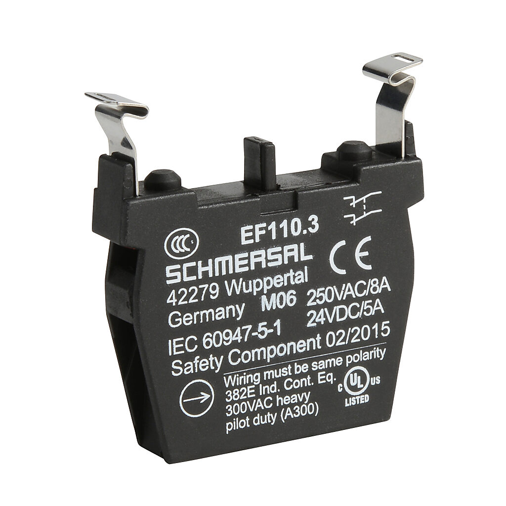 EF110.3 - Schmersal contact block, plastic, (2) N.C. contact(s), mounting position 3. For use with N series pushbuttons and switches. Not suitable for E-stop devices NDRZ50RT/NDRZ50RT-2905-1.