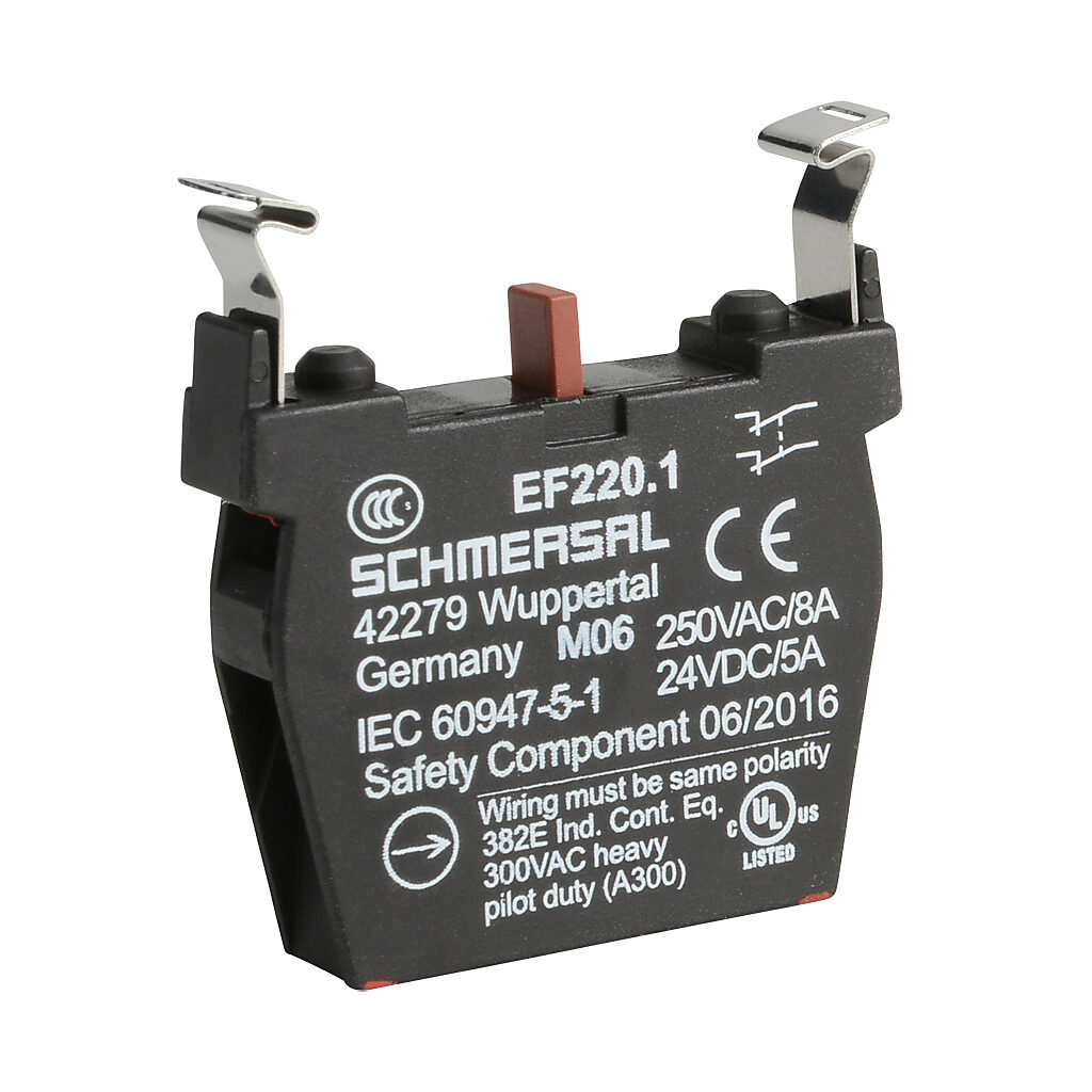 EF220.1 - Schmersal contact block, plastic, (2) N.C. contact(s), mounting position 1. For use with N series pushbuttons and switches.