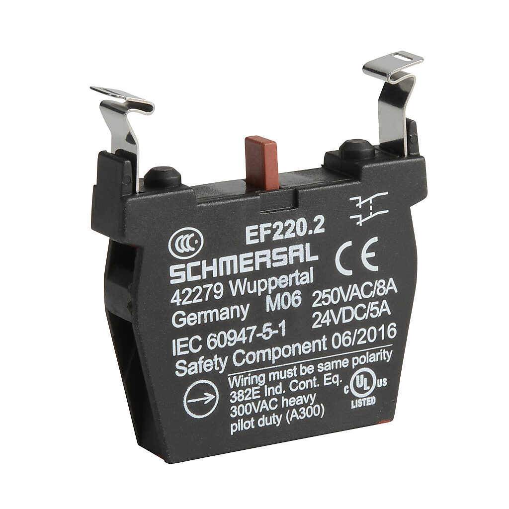 EF220.2 - Schmersal contact block, plastic, (2) N.C. contact(s), mounting position 2. For use with N series pushbuttons and switches.