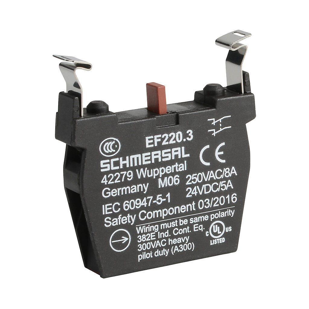 EF220.3 - Schmersal contact block, plastic, (2) N.C. contact(s), mounting position 3. For use with N series pushbuttons and switches.