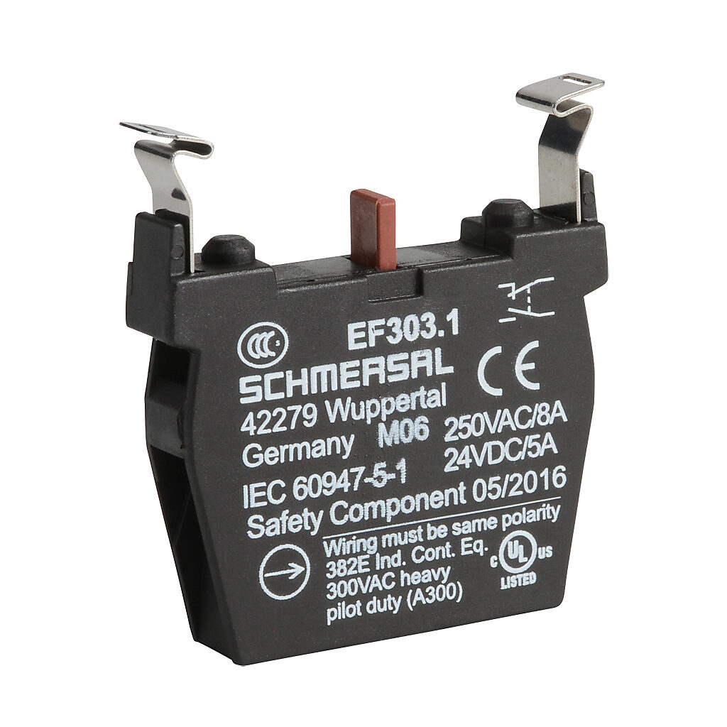 EF303.1 - Schmersal contact block, plastic, (1) N.O./(1) N.C. simultaneous contact(s), mounting position 1. For use with N series pushbuttons and switches.