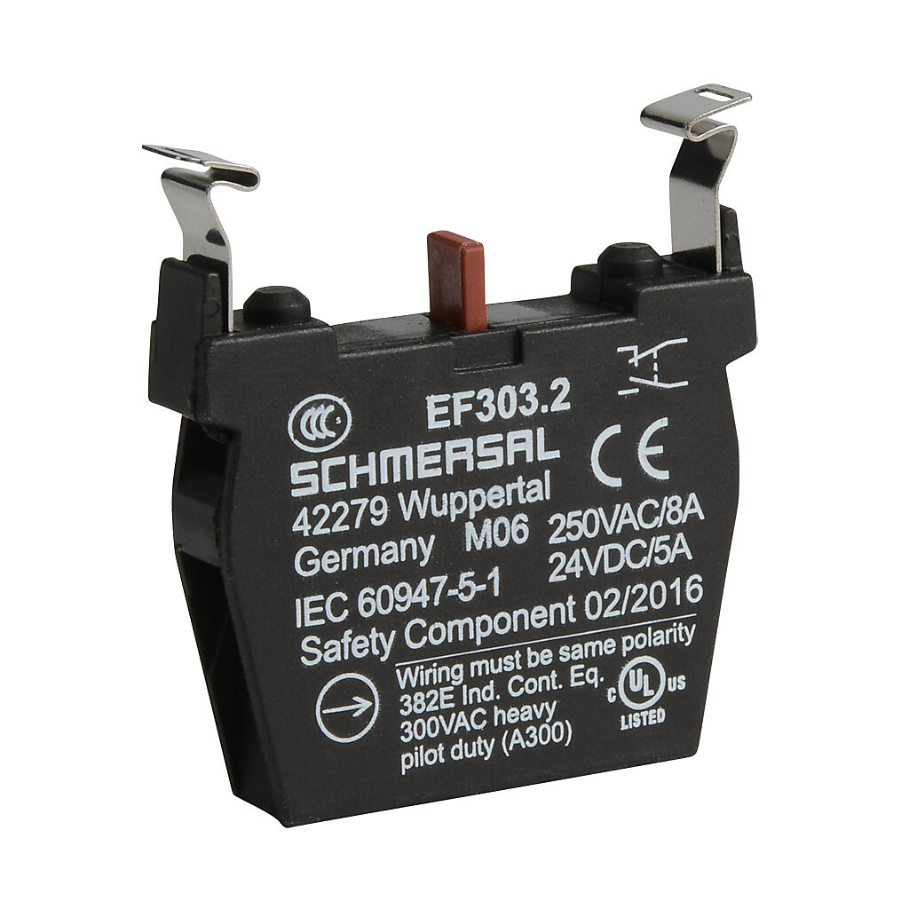 EF303.2 - Schmersal contact block, plastic, (1) N.O./(1) N.C. simultaneous contact(s), mounting position 2. For use with N series pushbuttons and switches.