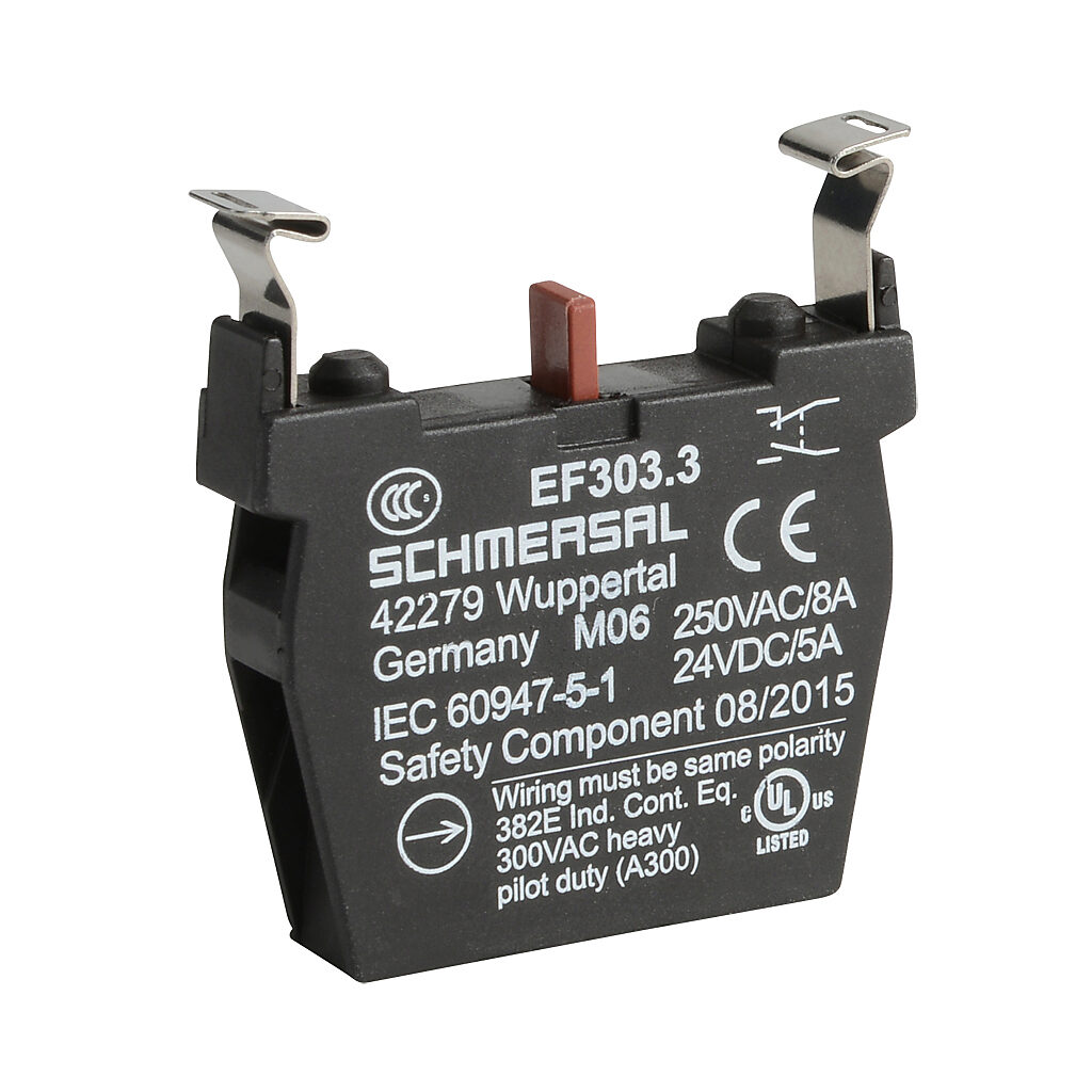 EF303.3 - Schmersal contact block, plastic, (1) N.O./(1) N.C. simultaneous contact(s), mounting position 3. For use with N series pushbuttons and switches.