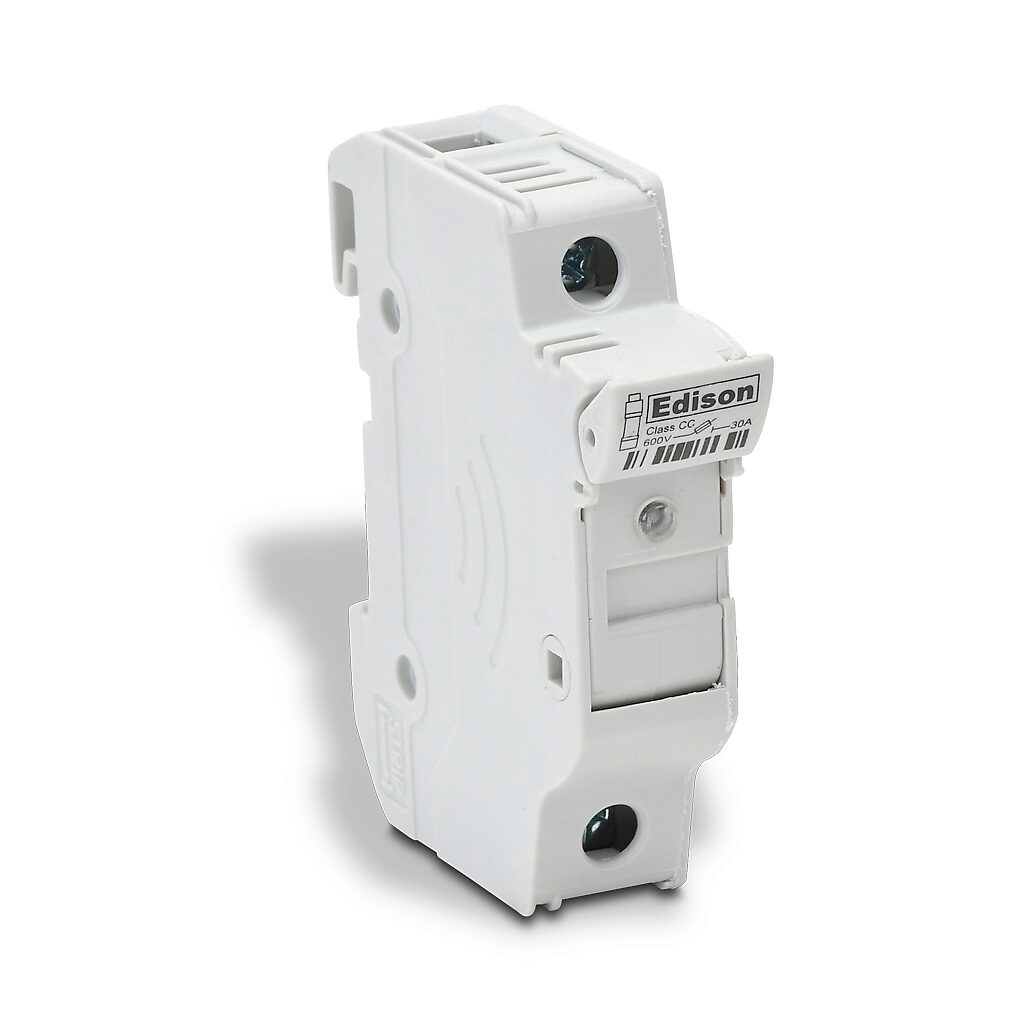 EHCC1DIU - Edison modular fuse holder, with indicator, accepts Class CC fuses, 30A, 600V, 1-pole, 18-4 AWG copper only, integral pressure plate with separate spade connection, 35mm DIN rail mount.