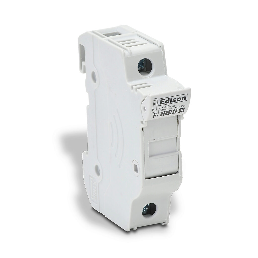EHCC1DU - Edison modular fuse holder, accepts Class CC fuses, 30A, 600V, 1-pole, 18-4 AWG copper only, integral pressure plate with separate spade connection, 35mm DIN rail mount.