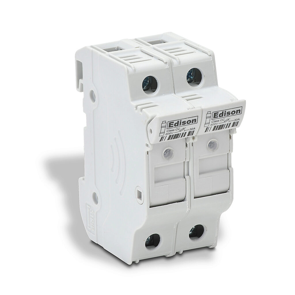 EHCC2DIU-6 - Edison modular fuse holder, with indicator, accepts Class CC fuses, 30A, 600V, 2-pole, 18-4 AWG copper only, integral pressure plate with separate spade connection, 35mm DIN rail mount. Package of 6.