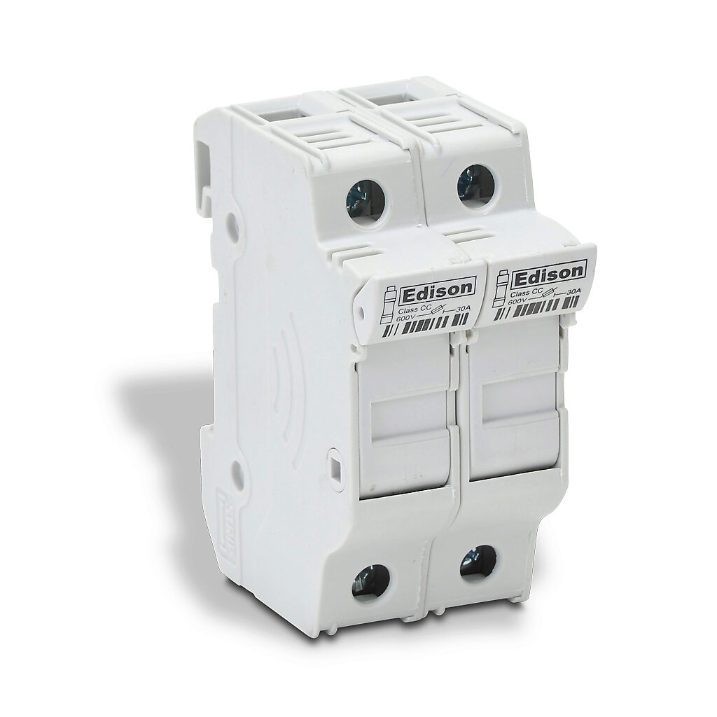 EHCC2DU-6 - Edison modular fuse holder, accepts Class CC fuses, 30A, 600V, 2-pole, 18-4 AWG copper only, integral pressure plate with separate spade connection, 35mm DIN rail mount. Package of 6.