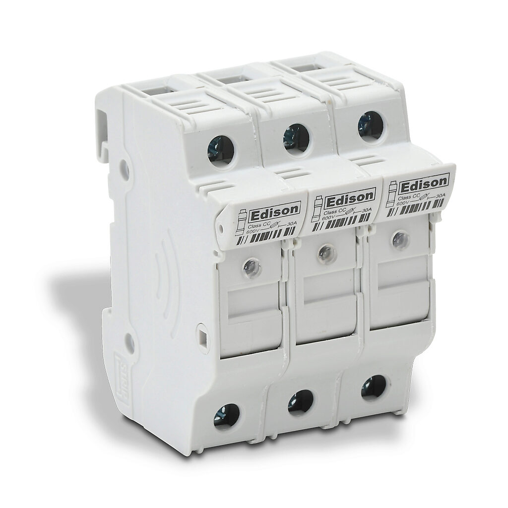 EHCC3DIU-4 - Edison modular fuse holder, with indicator, accepts Class CC fuses, 30A, 600V, 3-pole, 18-4 AWG copper only, integral pressure plate with separate spade connection, 35mm DIN rail mount. Package of 4.