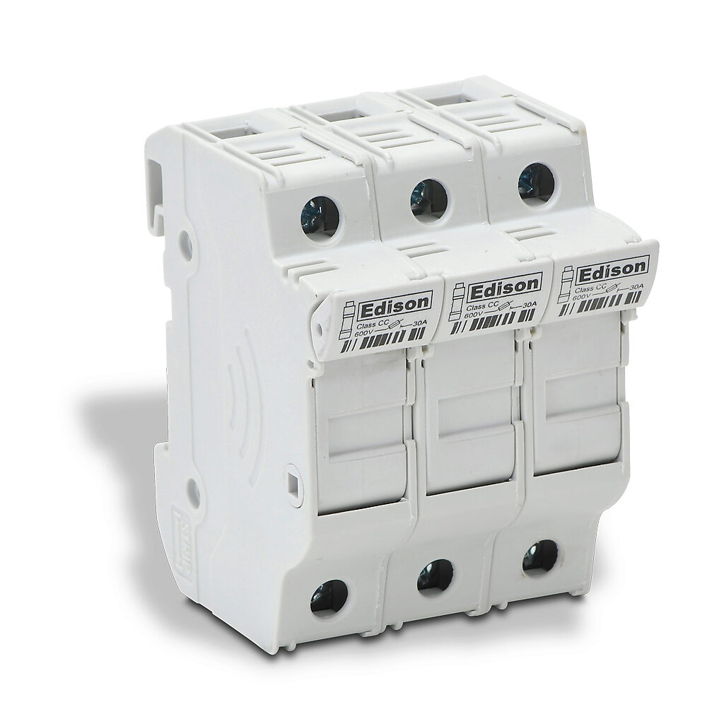 EHCC3DU-4 - Edison modular fuse holder, accepts Class CC fuses, 30A, 600V, 3-pole, 18-4 AWG copper only, integral pressure plate with separate spade connection, 35mm DIN rail mount. Package of 4.