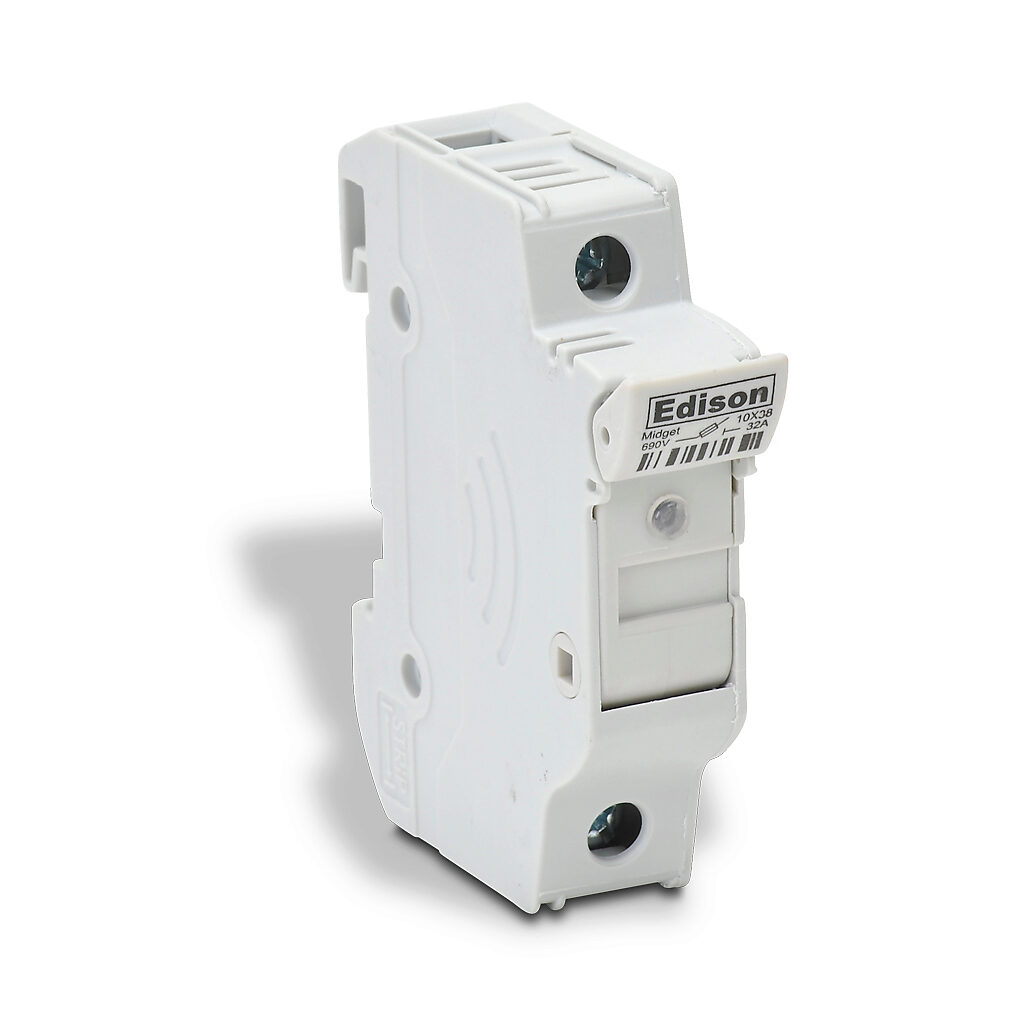 EHM1DIU - Edison modular fuse holder, with indicator, accepts Class Midget fuses, 30A, 600V, 1-pole, 18-4 AWG copper only, integral pressure plate with separate spade connection, 35mm DIN rail mount.