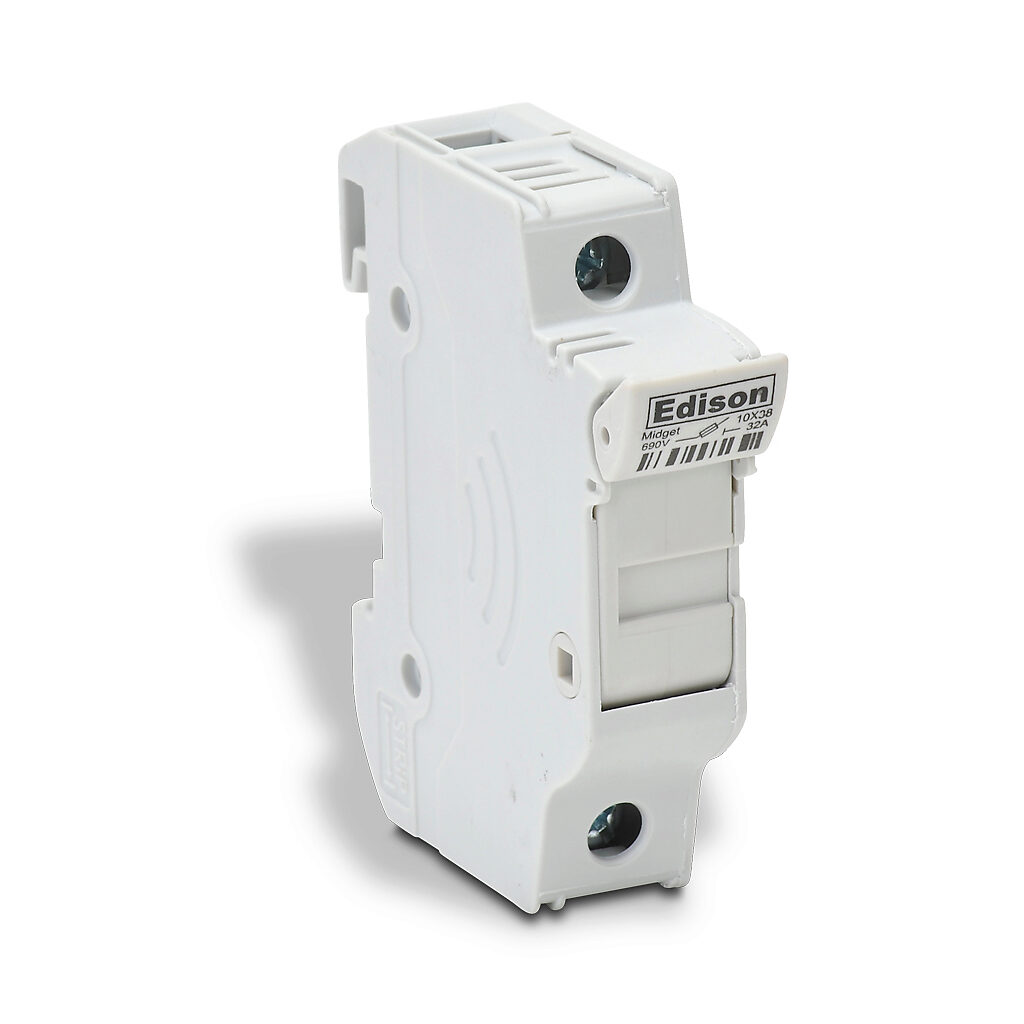 EHM1DU-12 - Edison modular fuse holder, accepts Class Midget fuses, 30A, 600V, 1-pole, 18-4 AWG copper only, integral pressure plate with separate spade connection, 35mm DIN rail mount. Package of 12.