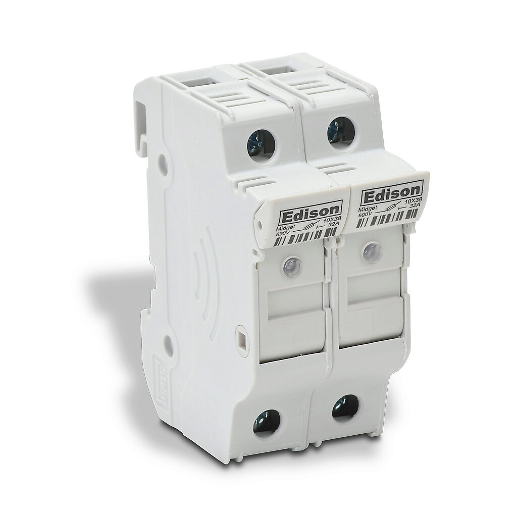 EHM2DIU - Edison modular fuse holder, with indicator, accepts Class Midget fuses, 30A, 600V, 2-pole, 18-4 AWG copper only, integral pressure plate with separate spade connection, 35mm DIN rail mount.