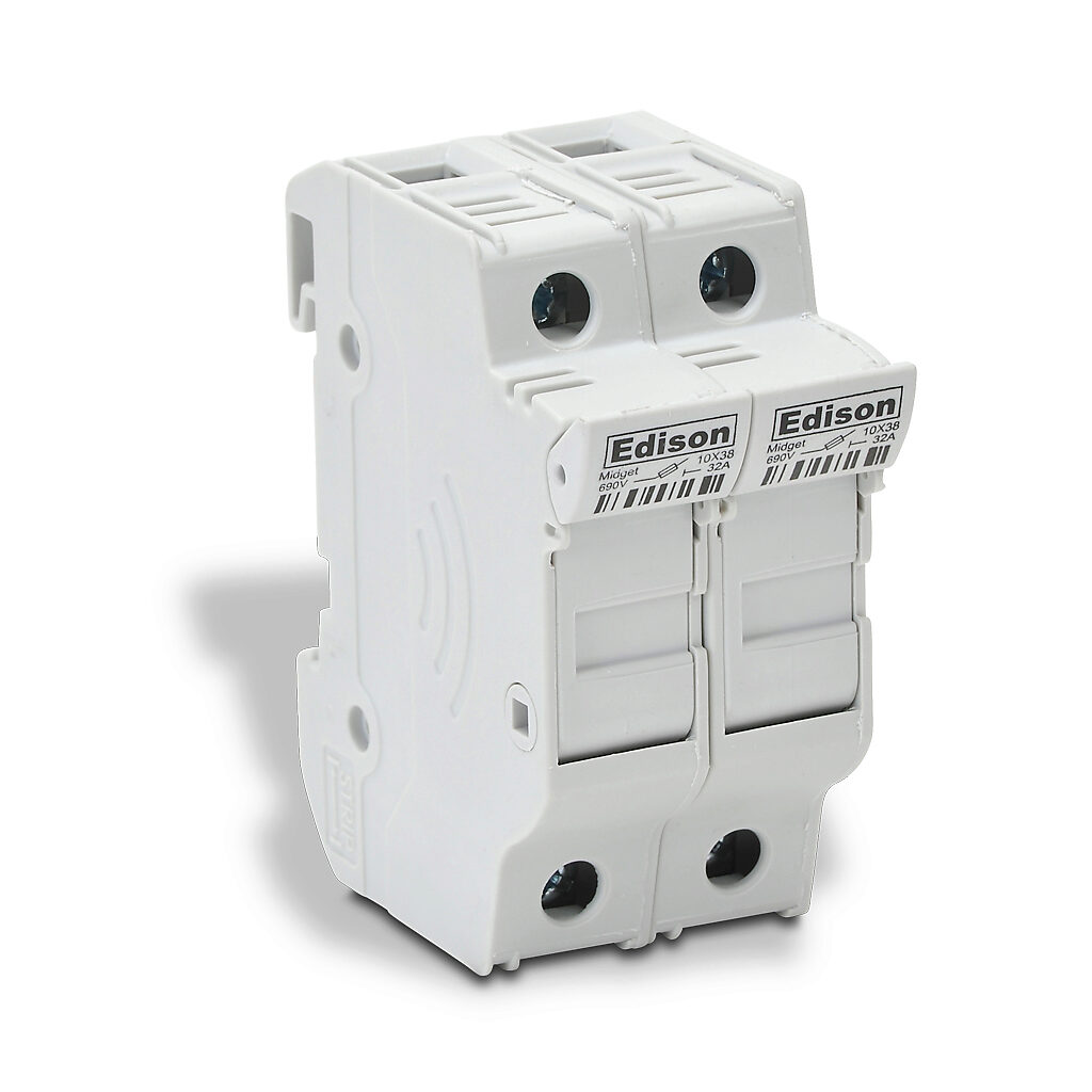EHM2DU - Edison modular fuse holder, accepts Class Midget fuses, 30A, 600V, 2-pole, 18-4 AWG copper only, integral pressure plate with separate spade connection, 35mm DIN rail mount.