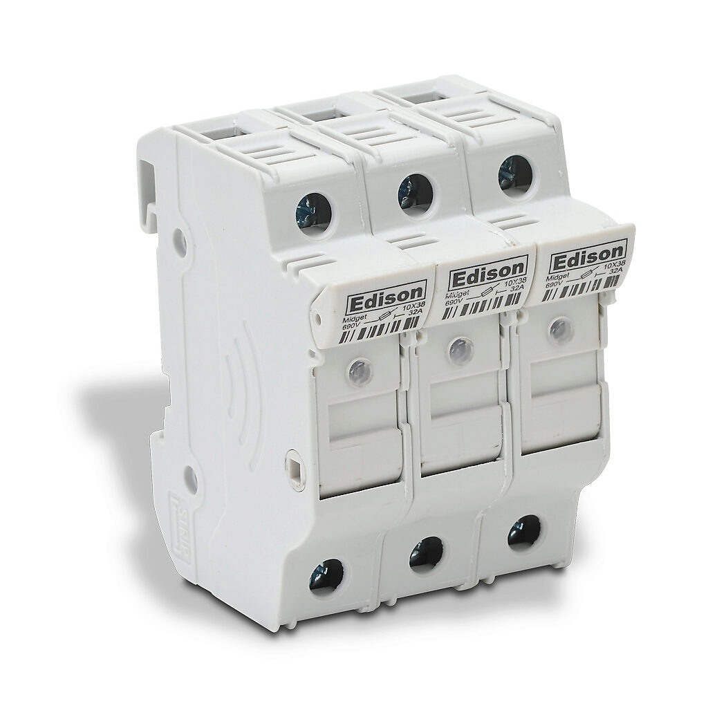 EHM3DIU - Edison modular fuse holder, with indicator, accepts Class Midget fuses, 30A, 600V, 3-pole, 18-4 AWG copper only, integral pressure plate with separate spade connection, 35mm DIN rail mount.