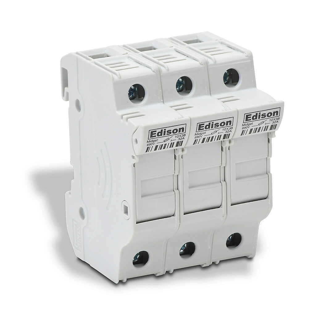EHM3DU - Edison modular fuse holder, accepts Class Midget fuses, 30A, 600V, 3-pole, 18-4 AWG copper only, integral pressure plate with separate spade connection, 35mm DIN rail mount.