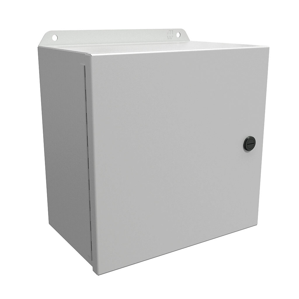 EJ10106LG - Hammond Eclipse Junior series enclosure, NEMA 3R/4/12/13, 10 x 10 x 6in (HxWxD), wall mount, carbon steel, RAL 7035 light gray, powder coat finish, single-door, 1/4-turn semi-flush latch.