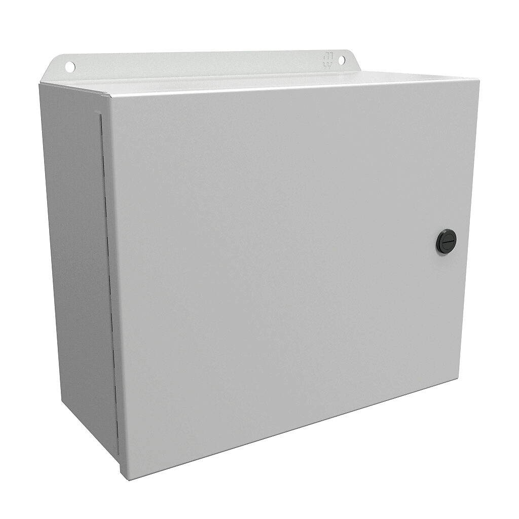 EJ10125LG - Hammond Eclipse Junior series enclosure, NEMA 3R/4/12/13, 10 x 12 x 5in (HxWxD), wall mount, carbon steel, RAL 7035 light gray, powder coat finish, single-door, 1/4-turn semi-flush latch.