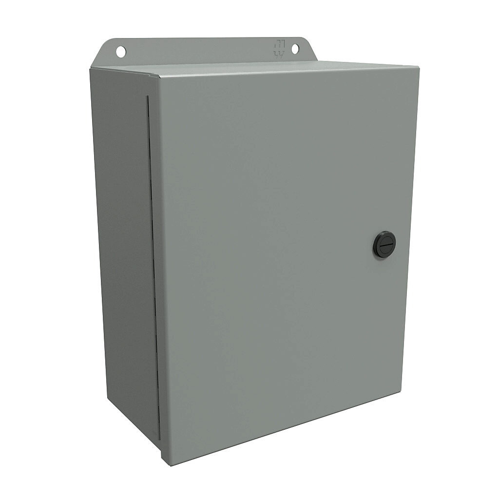 EJ1084 - Hammond Eclipse Junior series enclosure, NEMA 3R/4/12/13, 10 x 8 x 4in (HxWxD), wall mount, carbon steel, ANSI 61 gray, powder coat finish, single-door, 1/4-turn semi-flush latch.