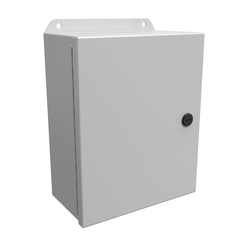 EJ1084LG - Hammond Eclipse Junior series enclosure, NEMA 3R/4/12/13, 10 x 8 x 4in (HxWxD), wall mount, carbon steel, RAL 7035 light gray, powder coat finish, single-door, 1/4-turn semi-flush latch.