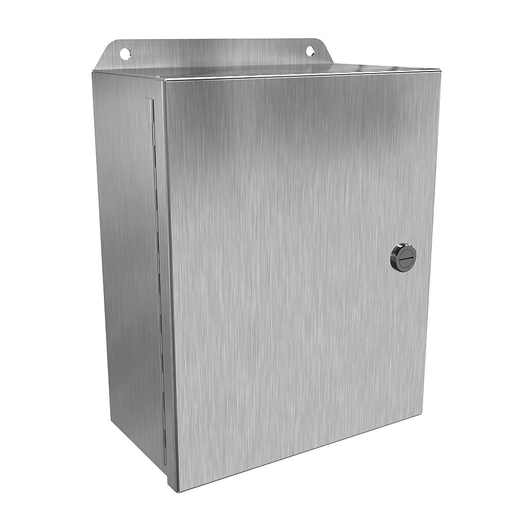 EJ1084S16 - Hammond Eclipse Junior series enclosure, NEMA 3R/4/4X/12/13, 10 x 8 x 4in (HxWxD), wall mount, 316 stainless steel, #4 brush finish, single-door, 1/4-turn semi-flush 316 stainless steel latch.