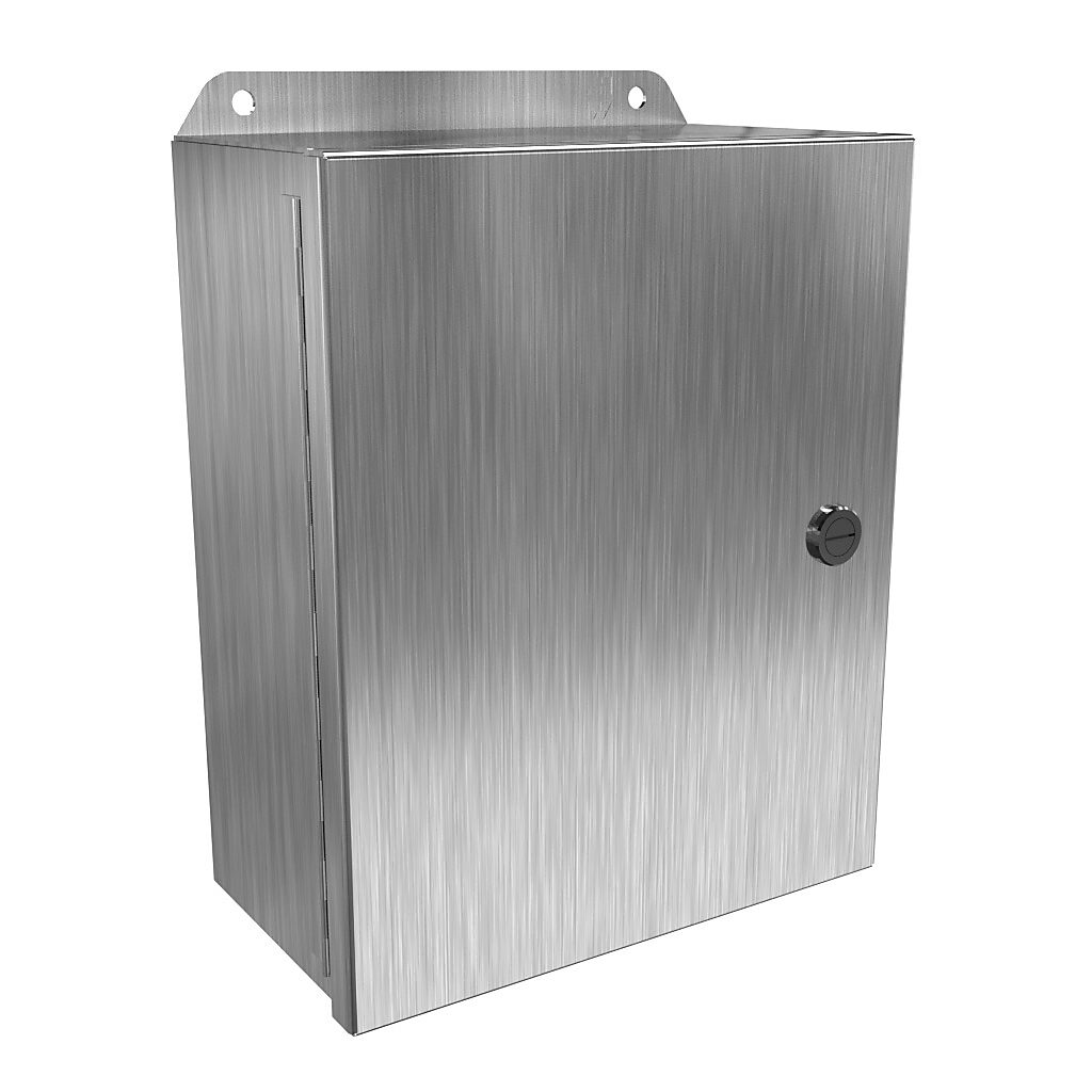EJ1084SS - Hammond Eclipse Junior series enclosure, NEMA 3R/4/4X/12/13, 10 x 8 x 4in (HxWxD), wall mount, 304 stainless steel, #4 brush finish, single-door, 1/4-turn semi-flush 316 stainless steel latch.