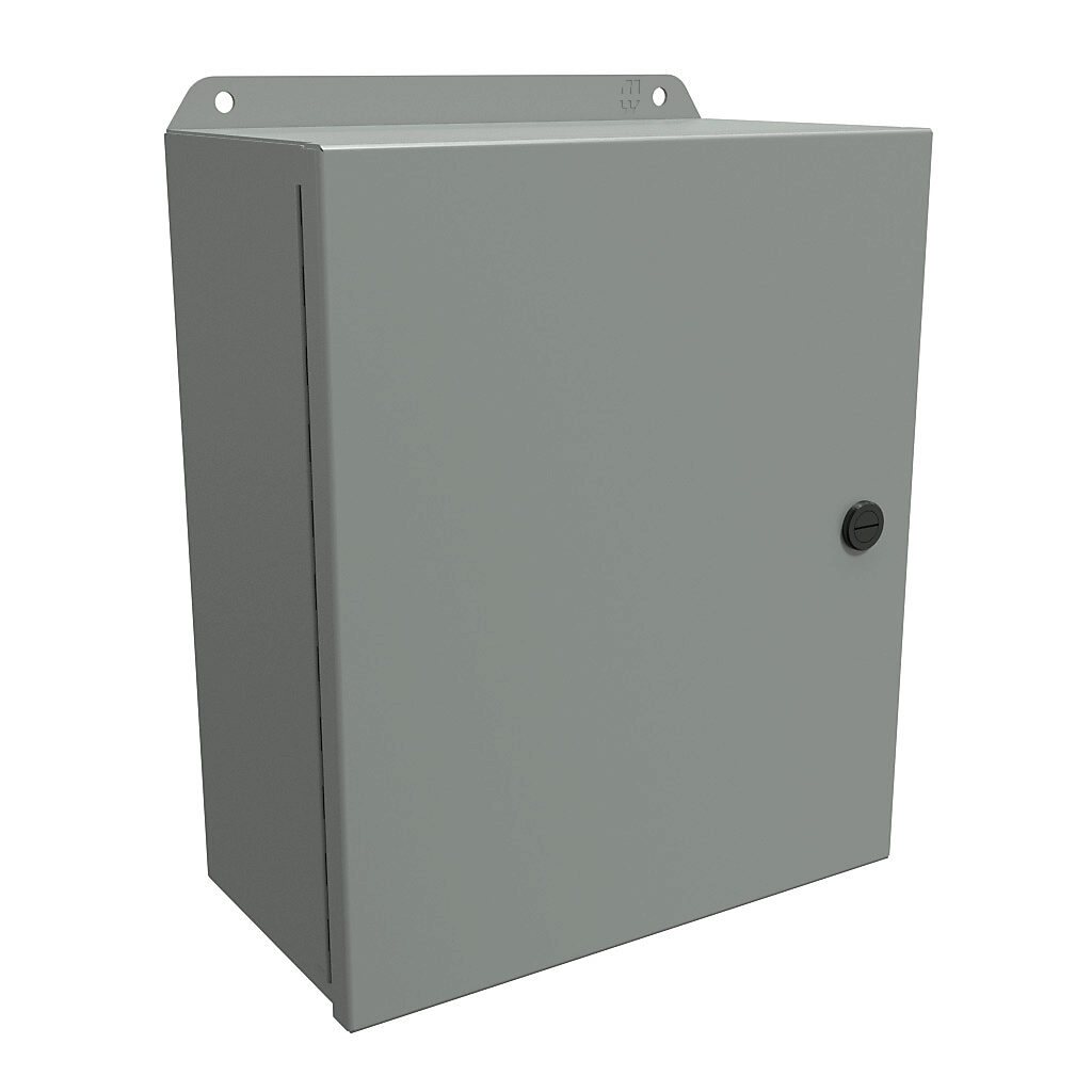 EJ12105 - Hammond Eclipse Junior series enclosure, NEMA 3R/4/12/13, 12 x 10 x 5in (HxWxD), wall mount, carbon steel, ANSI 61 gray, powder coat finish, single-door, 1/4-turn semi-flush latch.