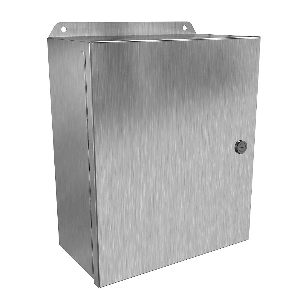 EJ12105S16 - Hammond Eclipse Junior series enclosure, NEMA 3R/4/4X/12/13, 12 x 10 x 5in (HxWxD), wall mount, 316 stainless steel, #4 brush finish, single-door, 1/4-turn semi-flush 316 stainless steel latch.