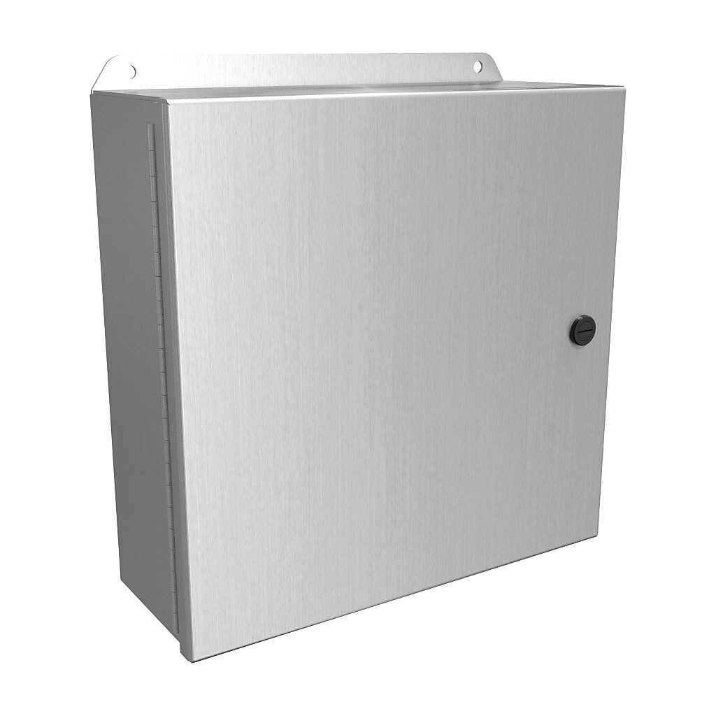 EJ12124AL - Hammond Eclipse Junior series enclosure, NEMA 3R/4/4X/12/13, 12 x 12 x 4in (HxWxD), wall mount, 5052-H32 aluminum, natural finish, single-door, 1/4-turn semi-flush 316 stainless steel latch.