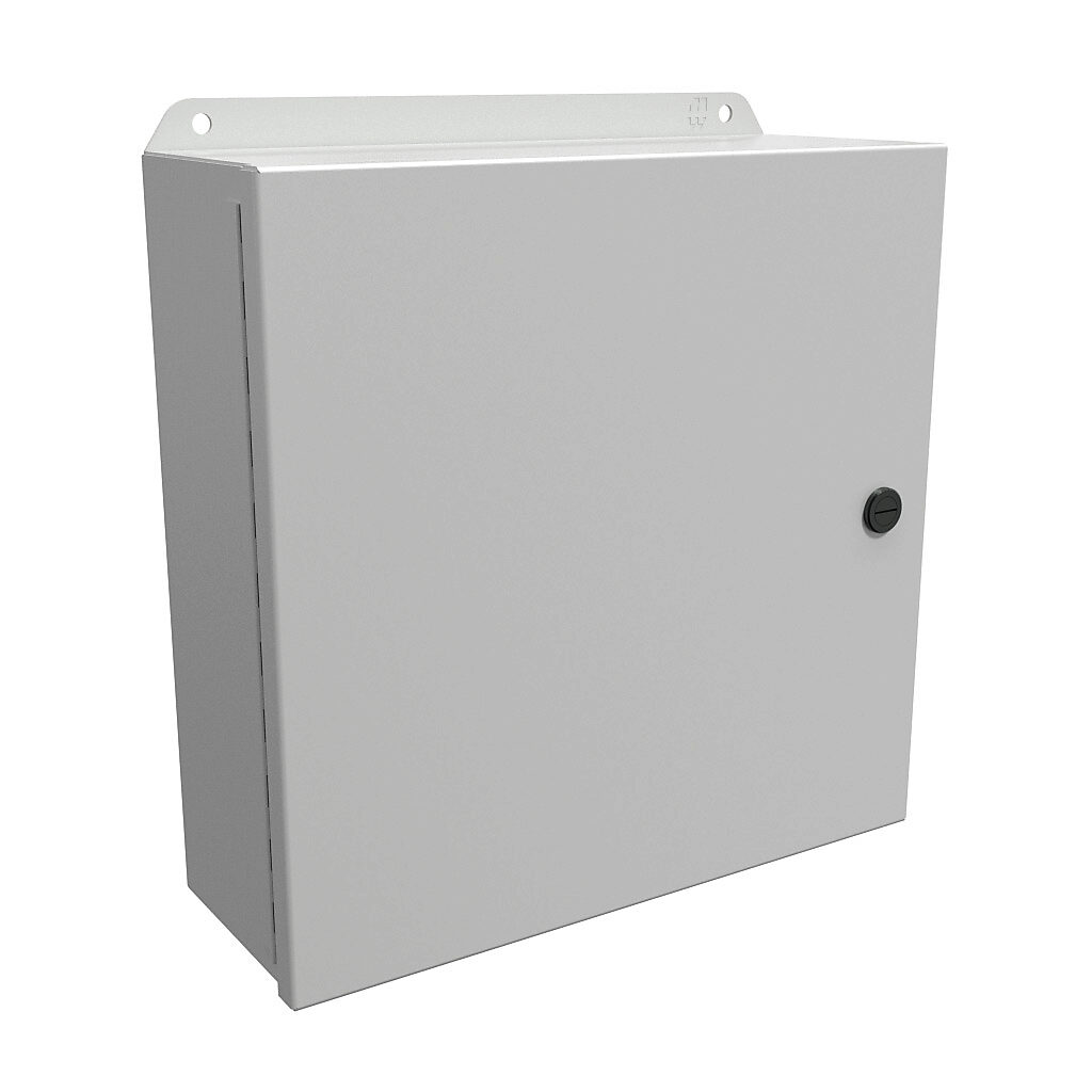 EJ12124LG - Hammond Eclipse Junior series enclosure, NEMA 3R/4/12/13, 12 x 12 x 4in (HxWxD), wall mount, carbon steel, RAL 7035 light gray, powder coat finish, single-door, 1/4-turn semi-flush latch.