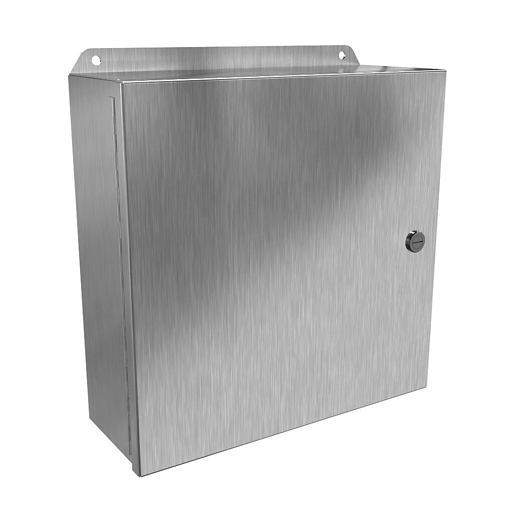 EJ12124S16 - Hammond Eclipse Junior series enclosure, NEMA 3R/4/4X/12/13, 12 x 12 x 4in (HxWxD), wall mount, 316 stainless steel, #4 brush finish, single-door, 1/4-turn semi-flush 316 stainless steel latch.