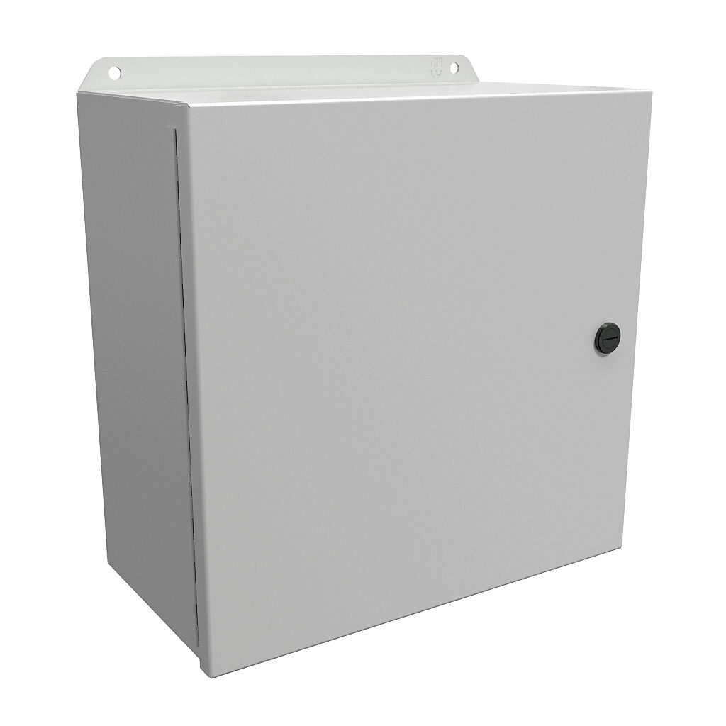 EJ12126LG - Hammond Eclipse Junior series enclosure, NEMA 3R/4/12/13, 12 x 12 x 6in (HxWxD), wall mount, carbon steel, RAL 7035 light gray, powder coat finish, single-door, 1/4-turn semi-flush latch.