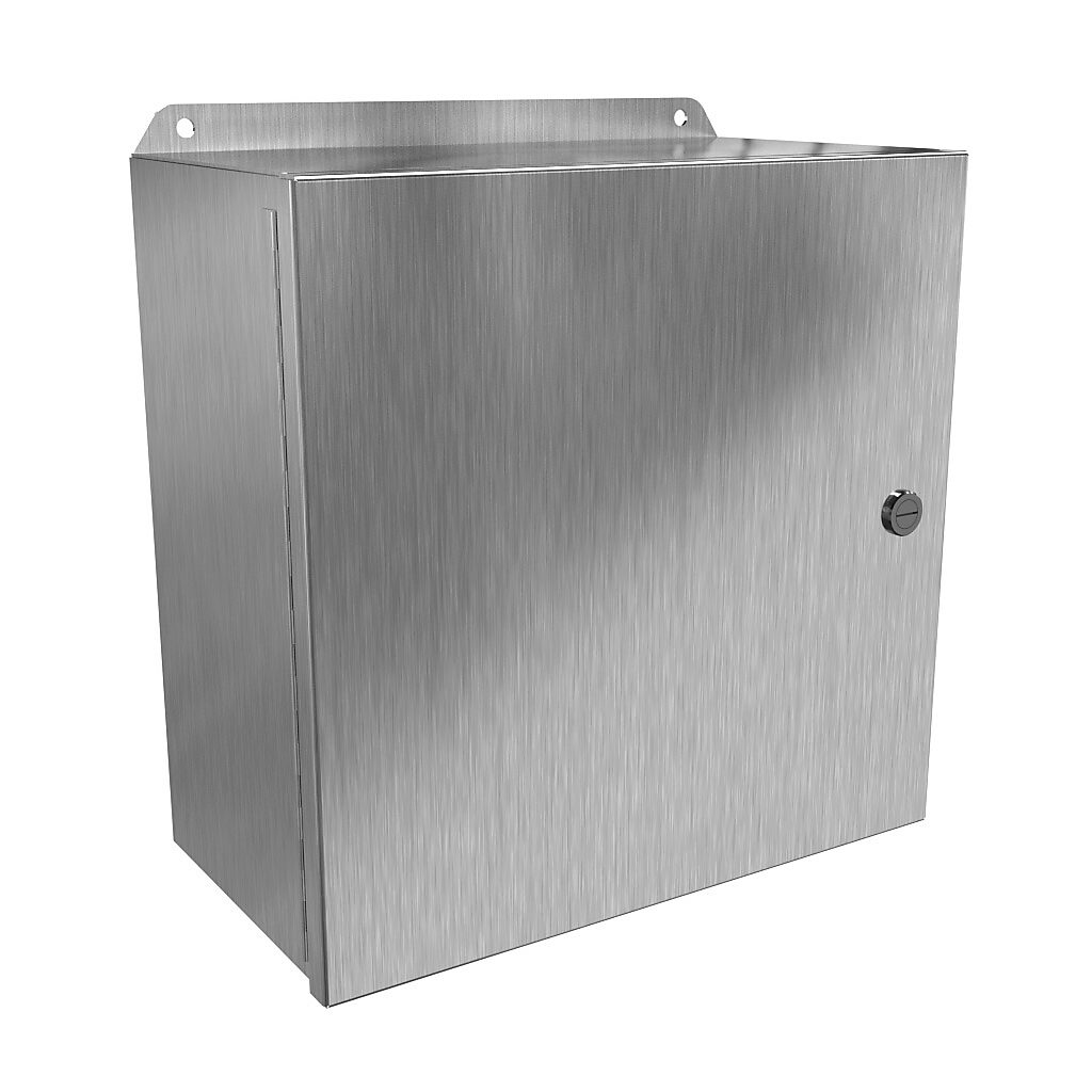 EJ12126S16 - Hammond Eclipse Junior series enclosure, NEMA 3R/4/4X/12/13, 12 x 12 x 6in (HxWxD), wall mount, 316 stainless steel, #4 brush finish, single-door, 1/4-turn semi-flush 316 stainless steel latch.