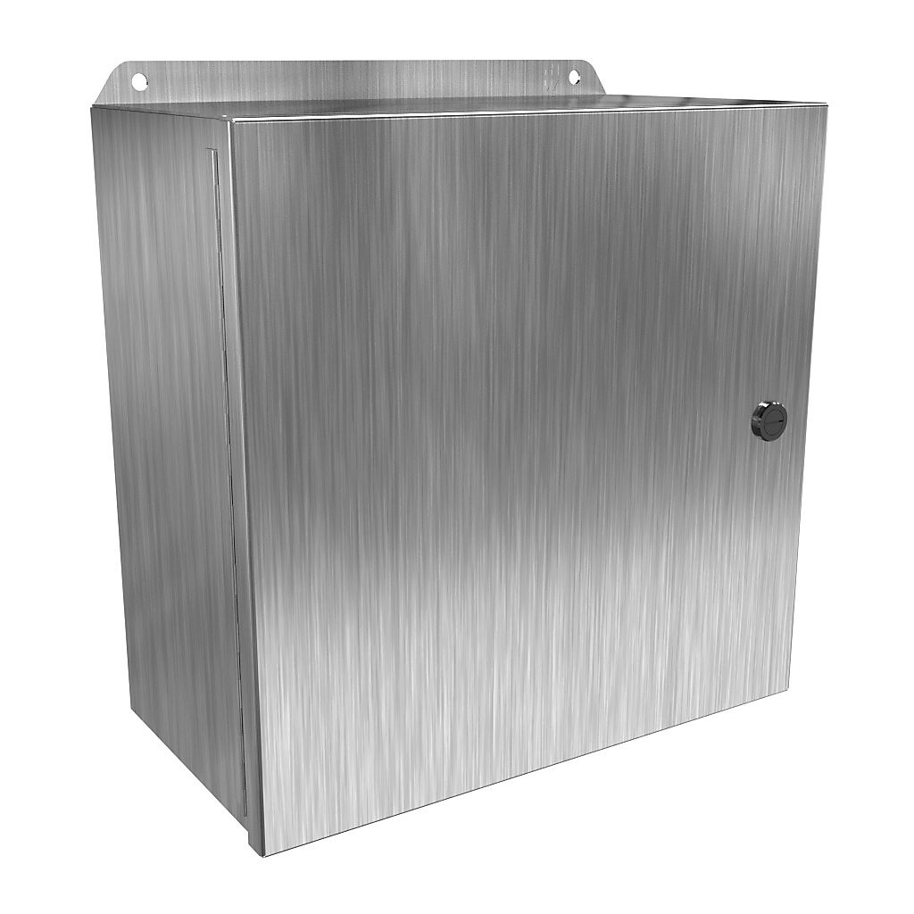 EJ12126SS - Hammond Eclipse Junior series enclosure, NEMA 3R/4/4X/12/13, 12 x 12 x 6in (HxWxD), wall mount, 304 stainless steel, #4 brush finish, single-door, 1/4-turn semi-flush 316 stainless steel latch.