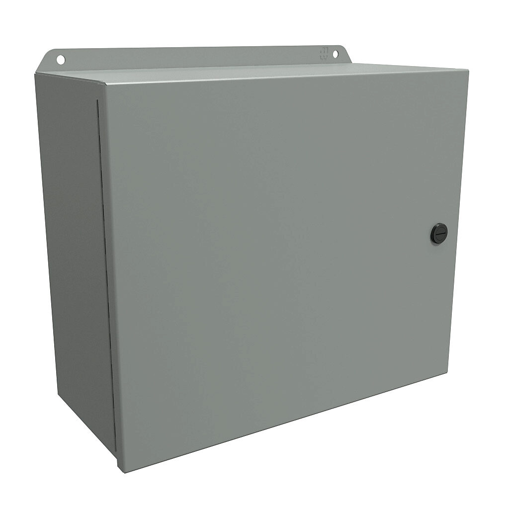 EJ12146 - Hammond Eclipse Junior series enclosure, NEMA 3R/4/12/13, 12 x 14 x 6in (HxWxD), wall mount, carbon steel, ANSI 61 gray, powder coat finish, single-door, 1/4-turn semi-flush latch.