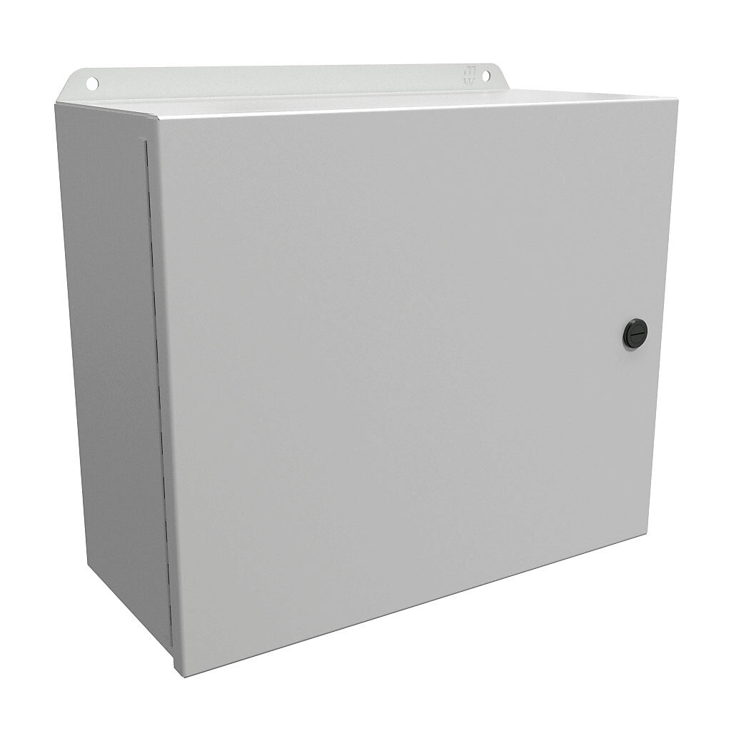 EJ12146LG - Hammond Eclipse Junior series enclosure, NEMA 3R/4/12/13, 12 x 14 x 6in (HxWxD), wall mount, carbon steel, RAL 7035 light gray, powder coat finish, single-door, 1/4-turn semi-flush latch.