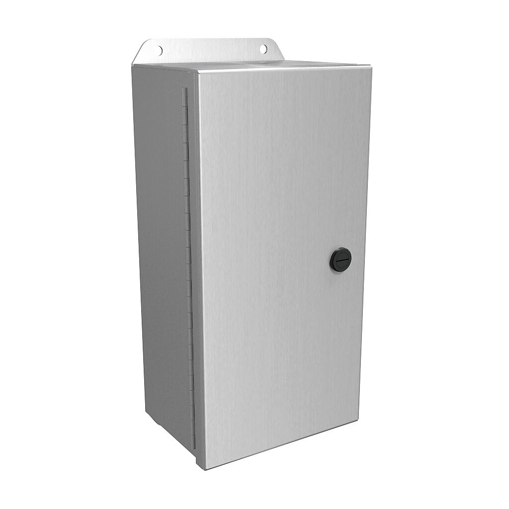 EJ1264AL - Hammond Eclipse Junior series enclosure, NEMA 3R/4/4X/12/13, 12 x 6 x 4in (HxWxD), wall mount, 5052-H32 aluminum, natural finish, single-door, 1/4-turn semi-flush 316 stainless steel latch.