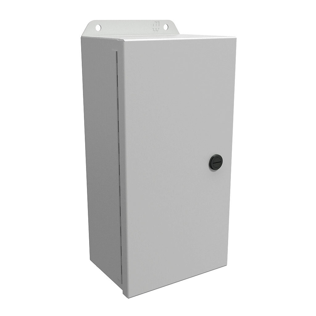 EJ1264LG - Hammond Eclipse Junior series enclosure, NEMA 3R/4/12/13, 12 x 6 x 4in (HxWxD), wall mount, carbon steel, RAL 7035 light gray, powder coat finish, single-door, 1/4-turn semi-flush latch.