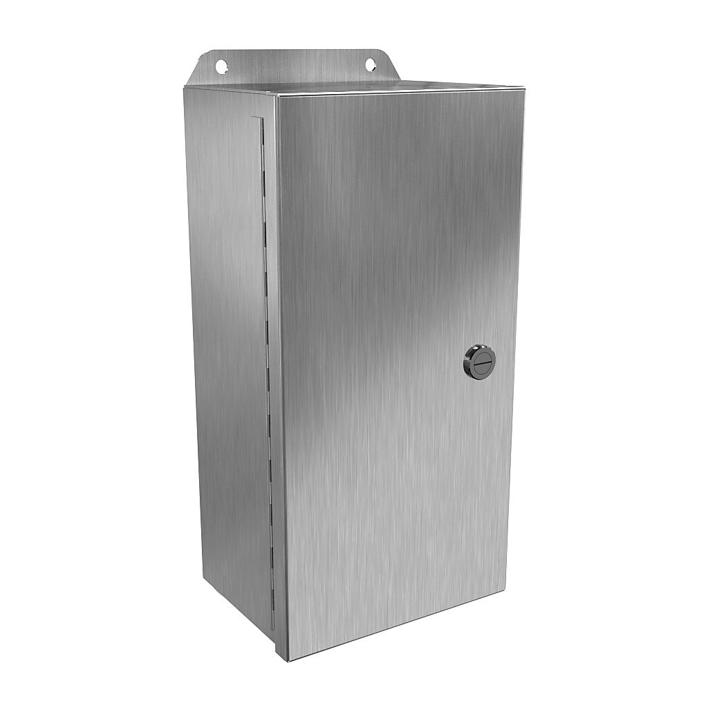 EJ1264S16 - Hammond Eclipse Junior series enclosure, NEMA 3R/4/4X/12/13, 12 x 6 x 4in (HxWxD), wall mount, 316 stainless steel, #4 brush finish, single-door, 1/4-turn semi-flush 316 stainless steel latch.