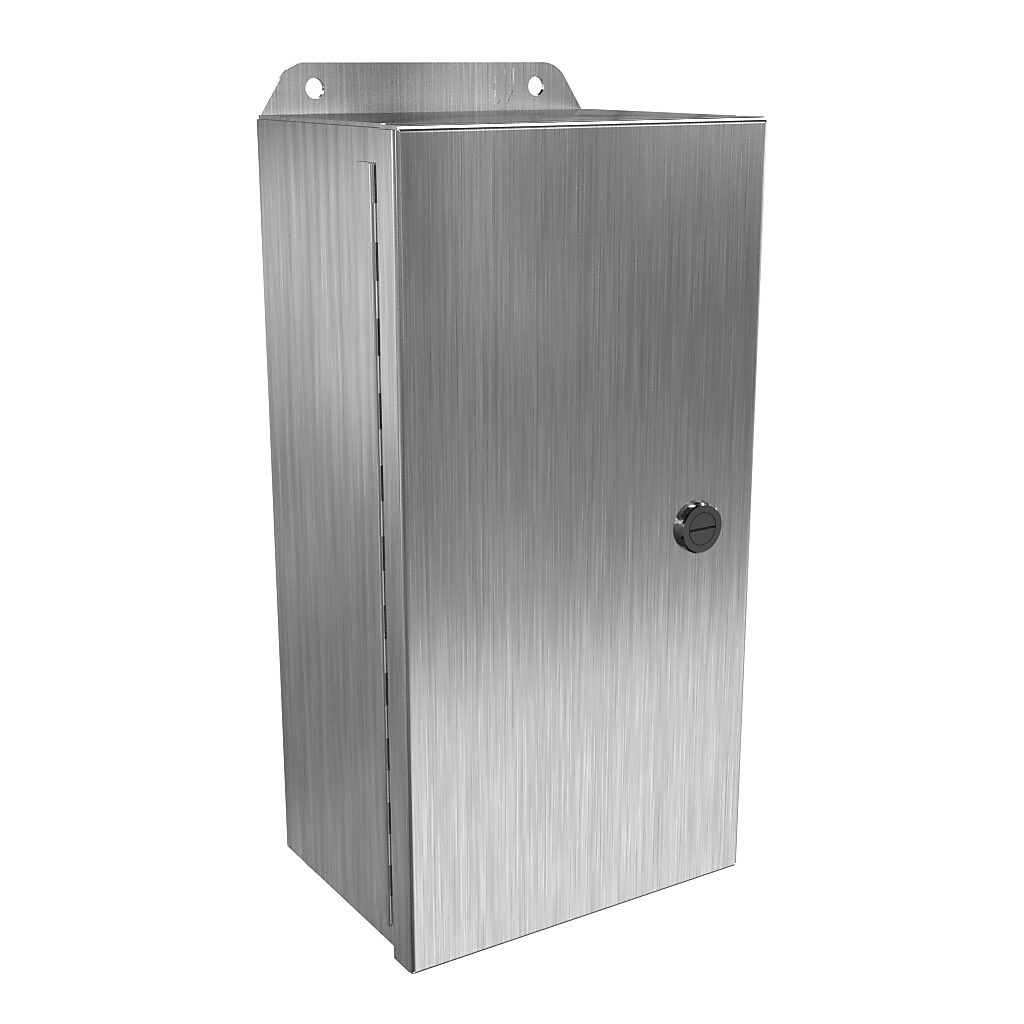 EJ1264SS - Hammond Eclipse Junior series enclosure, NEMA 3R/4/4X/12/13, 12 x 6 x 4in (HxWxD), wall mount, 304 stainless steel, #4 brush finish, single-door, 1/4-turn semi-flush 316 stainless steel latch.