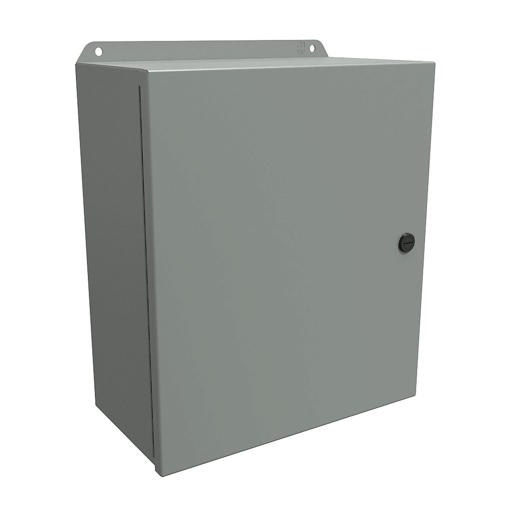 EJ14126 - Hammond Eclipse Junior series enclosure, NEMA 3R/4/12/13, 14 x 12 x 6in (HxWxD), wall mount, carbon steel, ANSI 61 gray, powder coat finish, single-door, 1/4-turn semi-flush latch.