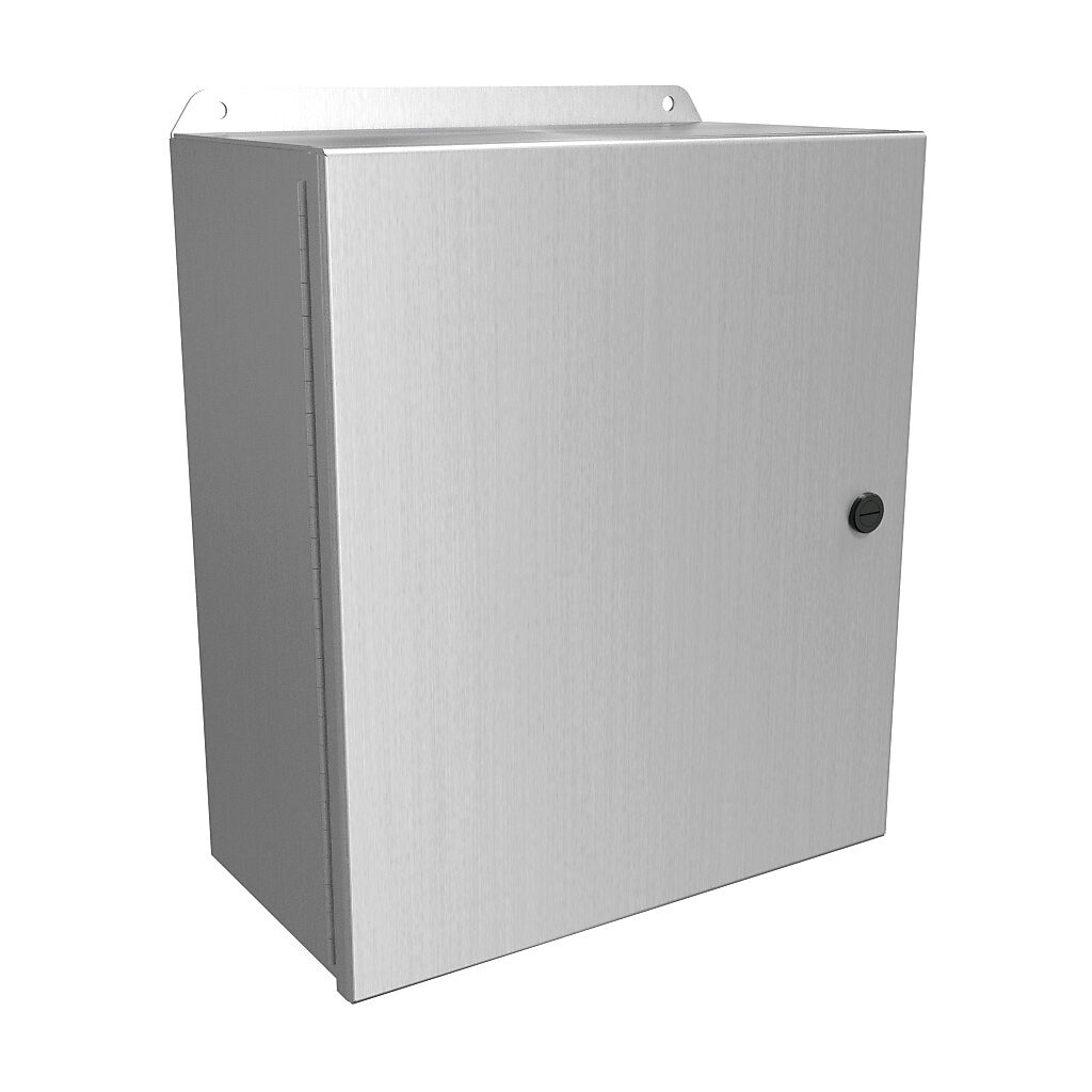 EJ14126AL - Hammond Eclipse Junior series enclosure, NEMA 3R/4/4X/12/13, 14 x 12 x 6in (HxWxD), wall mount, 5052-H32 aluminum, natural finish, single-door, 1/4-turn semi-flush 316 stainless steel latch.